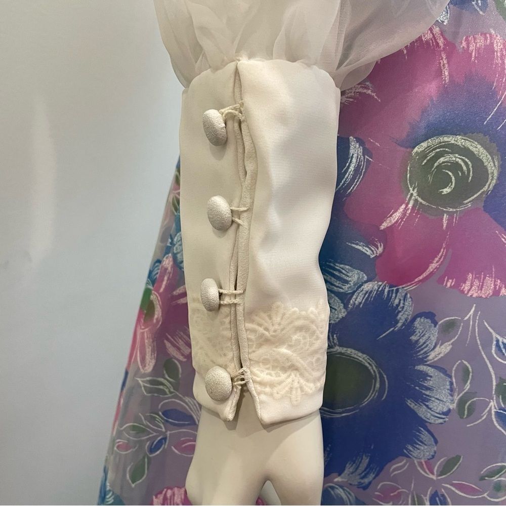 VINTAGE White Purple Blue & Pink Floral Print 60s 70s Belted Maxi Dress - Picture 4 of 15